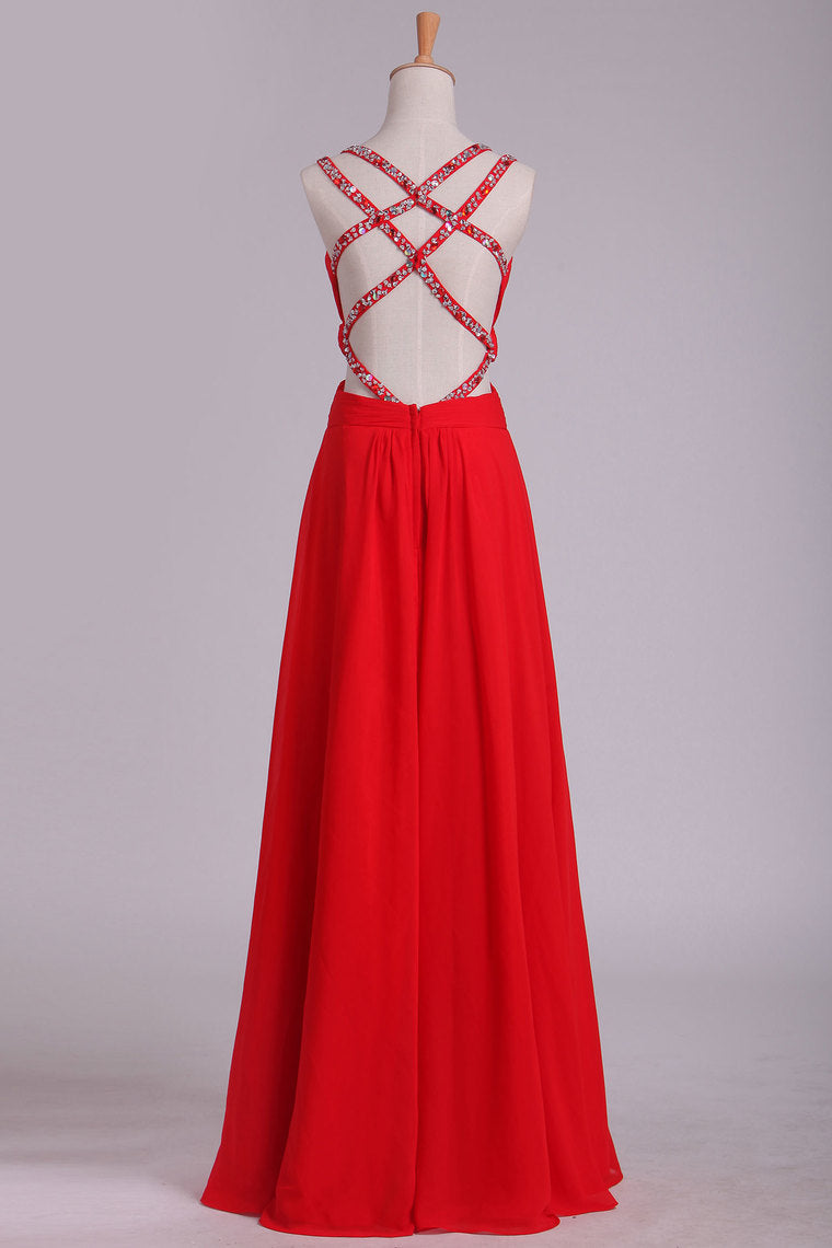 2024 Red A Line Prom Dresses Spaghetti Straps Open Back With Ruffles And Beads Chiffon