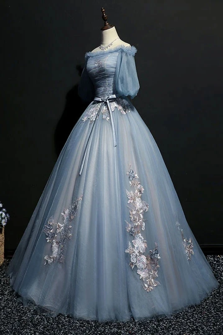 Puffy Off The Shoulder Half Sleeves Long Prom Dress With Appliques, Unique Evening Dress