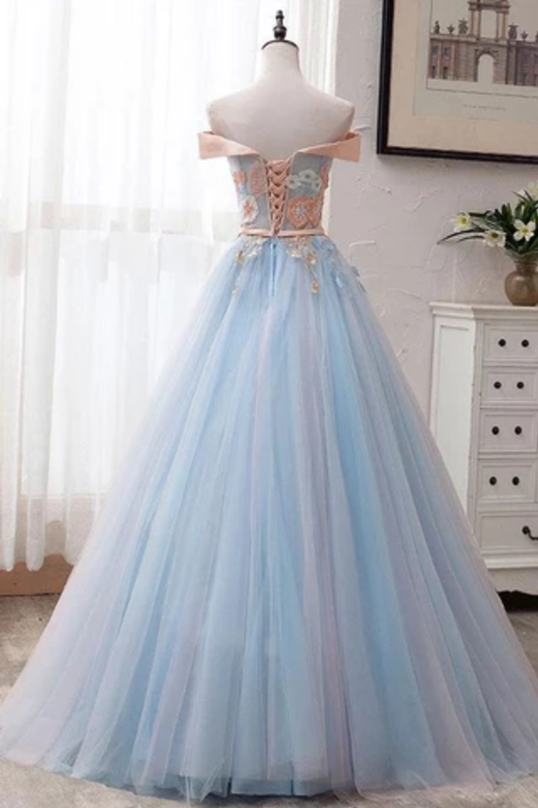 Off Shoulder Floor Length Tulle Prom Gown With Appliques, Puffy Long Evening Dress