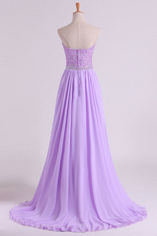 2024 Sweetheart Beaded Bodice Prom Dresses Chiffon With Slit A Line