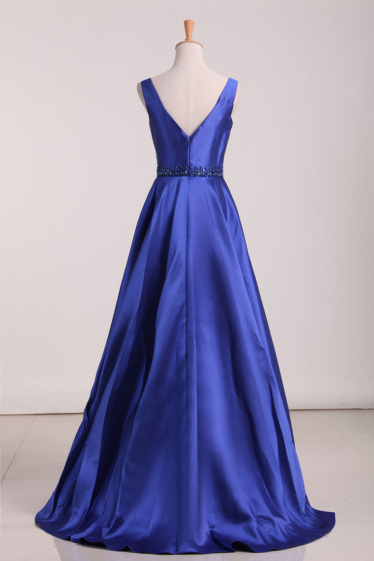 2024 A Line Prom Dresses Straps Beaded Waistline Satin Floor Length