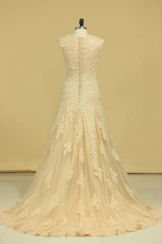 2024 Champagne V-Neck Wedding Dresses A Line Court Train With Applique