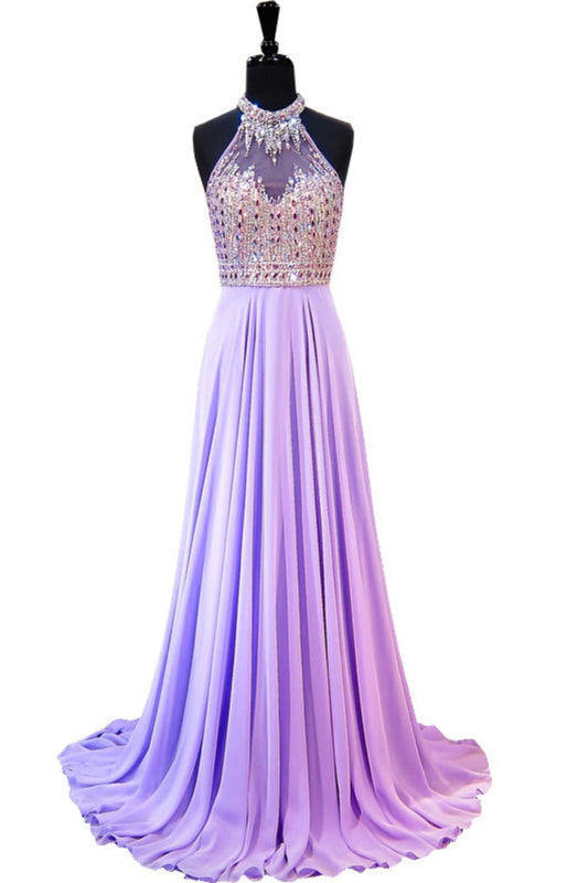 2024 Sexy Open Back Halter Prom Dresses With Beading Chiffon Sweep Train