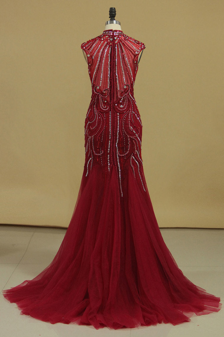 2024 Burgundy Prom Dresses High Neck Mermaid With Beading Sweep Train Tulle&Lace