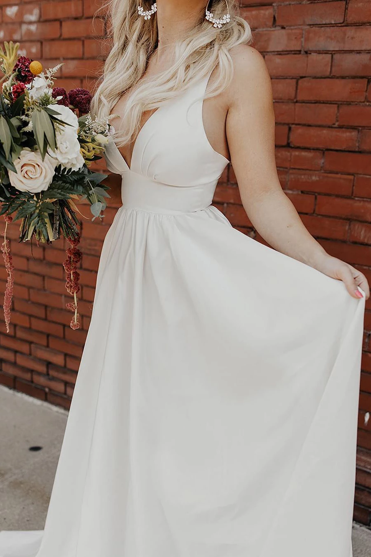 Simple Pleated Deep V White Wedding Dress With Train