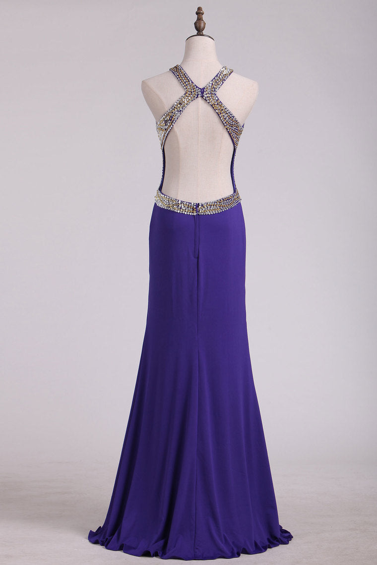 2024 Evening Dresses Scoop Open Back With Beads Floor Length Spandex