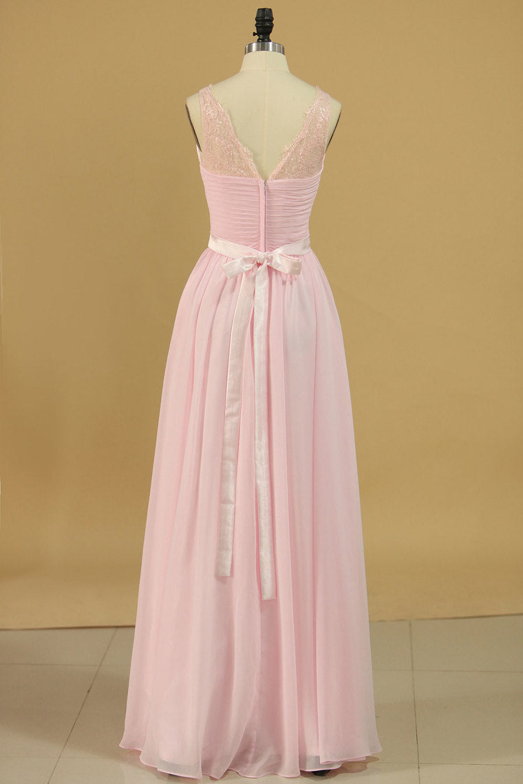 2024 Chiffon V Neck With Ruffles And Sash Bridesmaid Dresses A Line