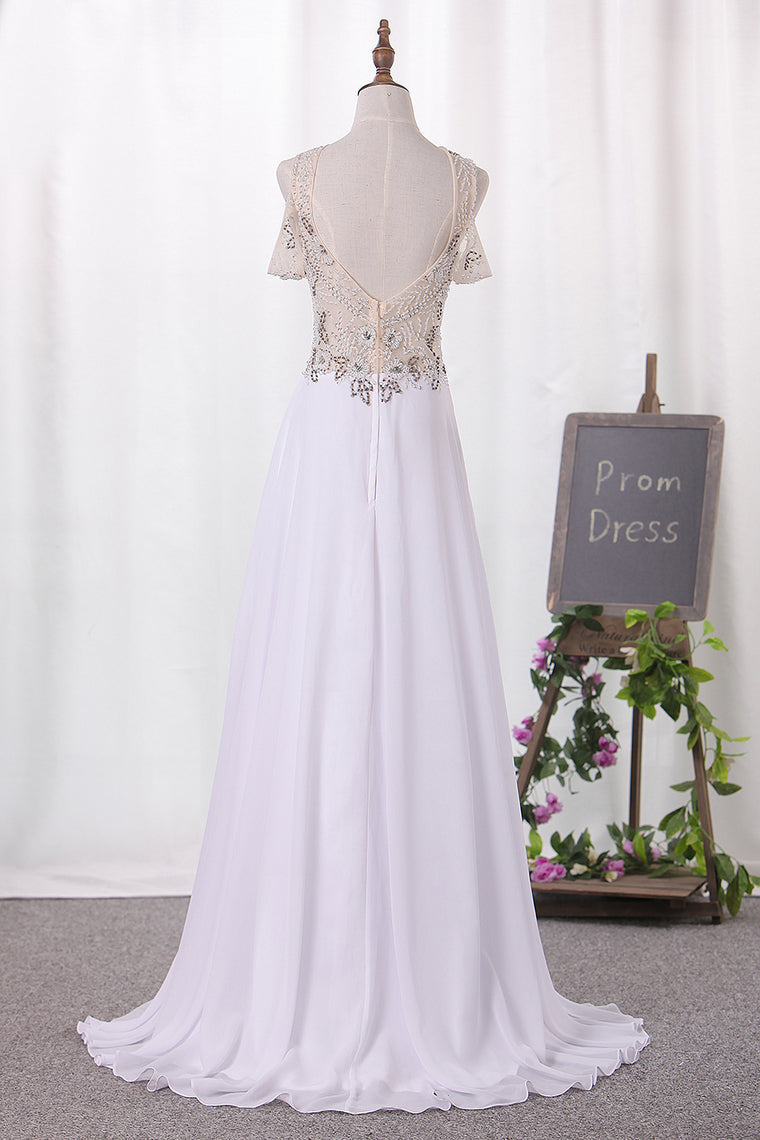 2024 A Line Straps Chiffon Prom Dresses Beaded Bodice Sweep Train