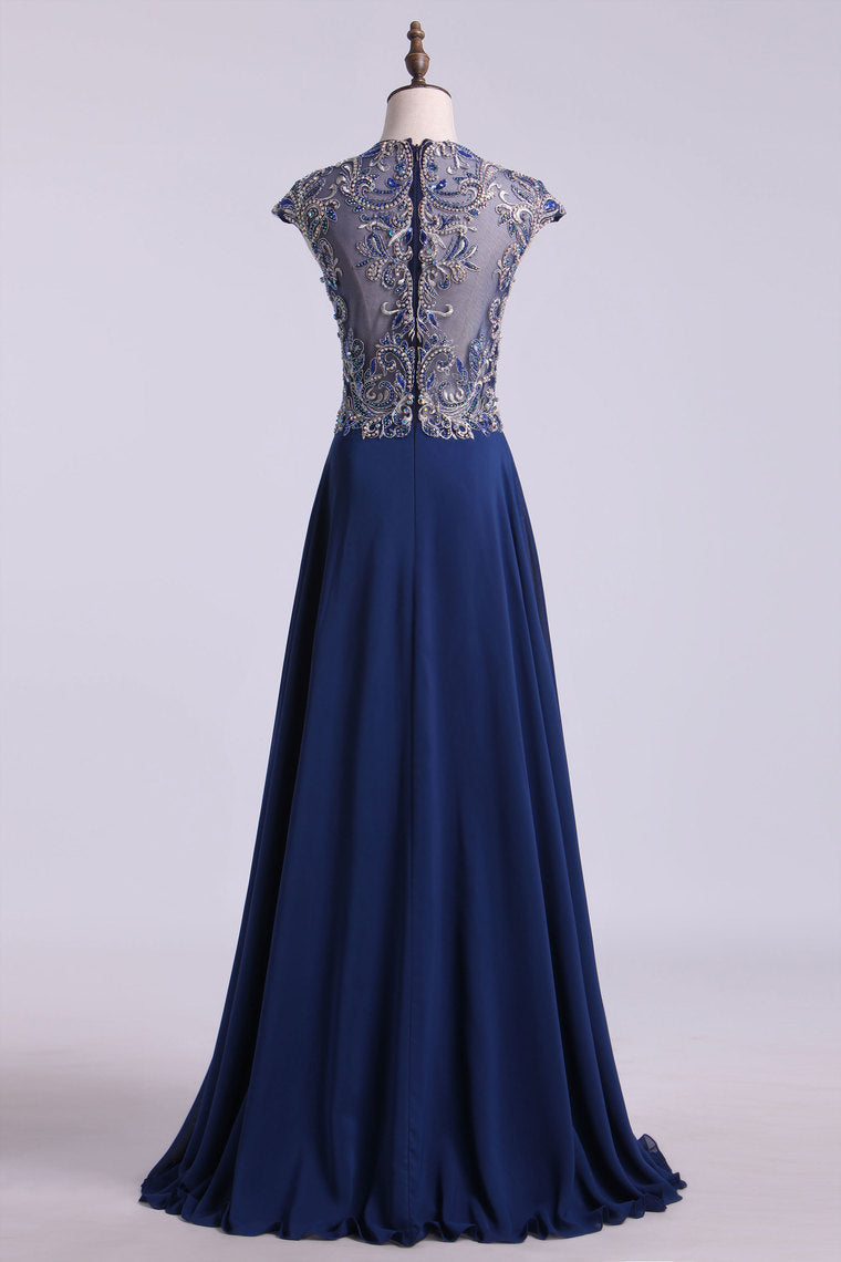 2024 High Neck A-Line Prom Dresses Chiffon Embellished Tulle Bodice With Beads & Embroidery