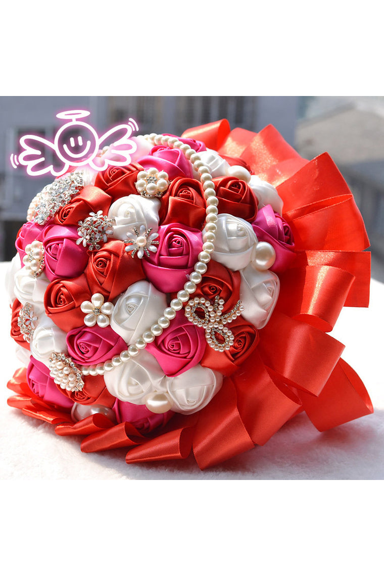 Elegant Round Satin Bridal Bouquets With Pearls