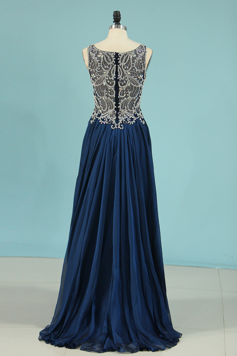 2024 A Line Prom Dresses Scoop Chiffon With Beading Sweep Train