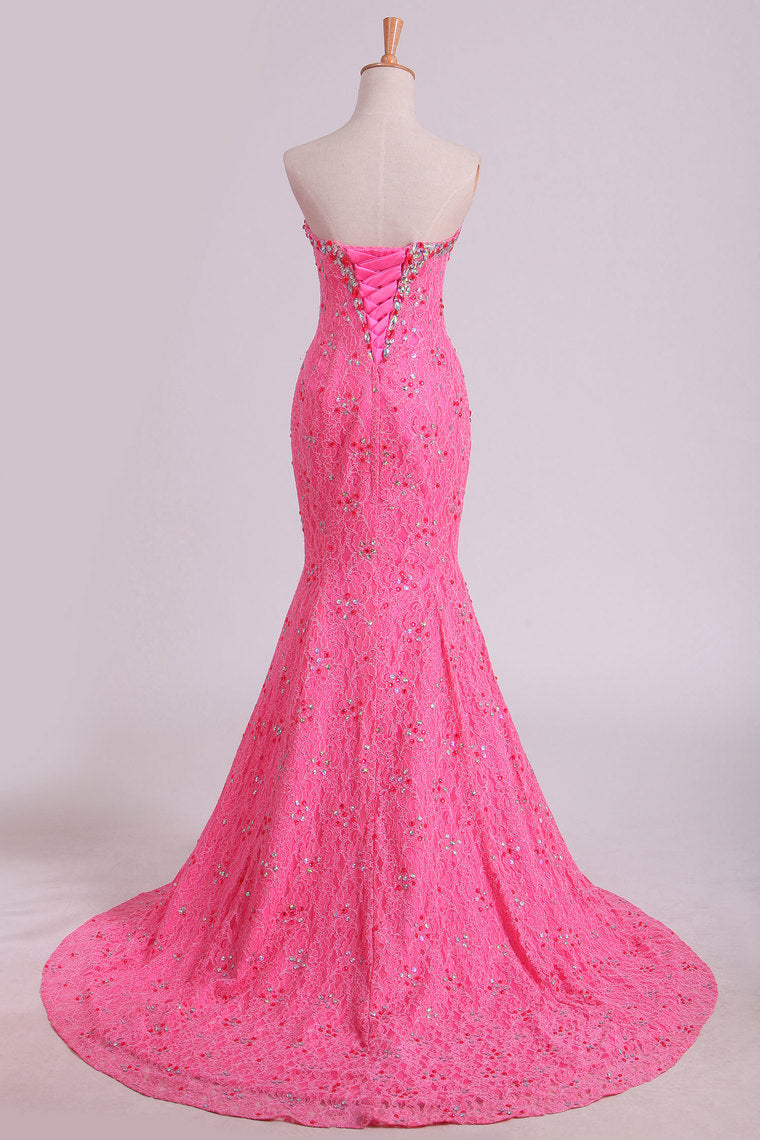 2024 Stunning Sweetheart Mermaid Prom Dresses With Beads Floor-Length Lace