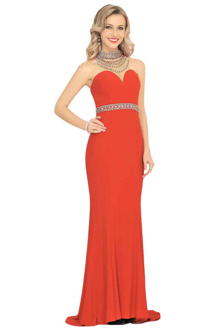 2024 Prom Dresses Mermaid High Neck Spandex With Beading Sweep Train