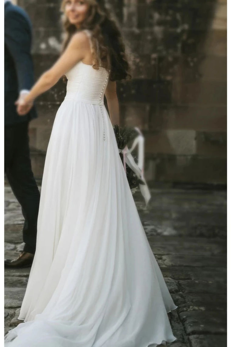 Fairy A-Line V Neck Sleeveless Chiffon Beach Wedding Dresses With Button, Simple Bridal Dress