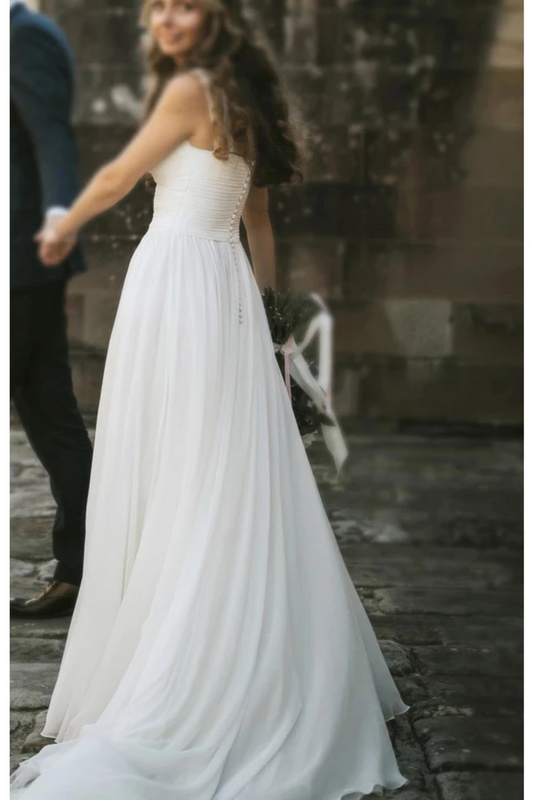 Fairy A-Line V Neck Sleeveless Chiffon Beach Wedding Dresses With Button, Simple Bridal Dress