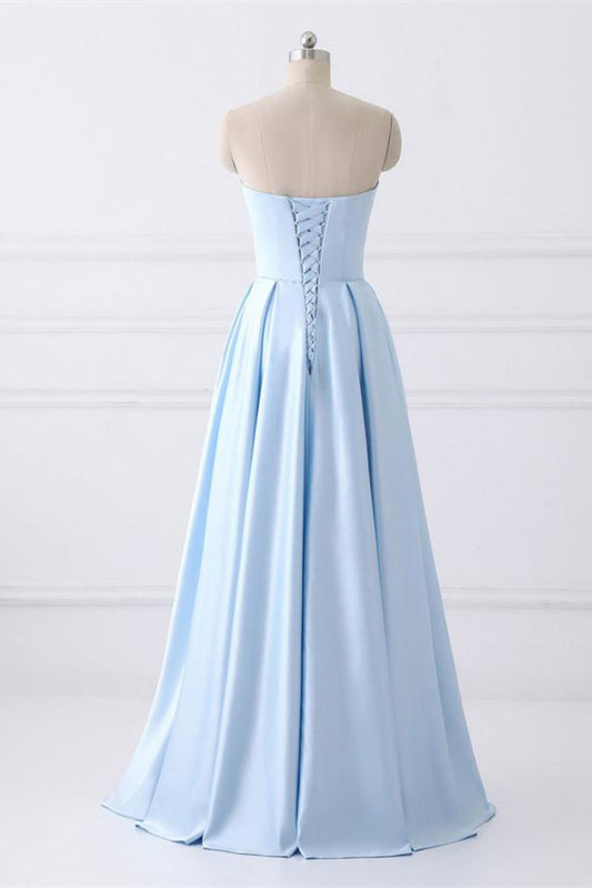 Charming Strapless Light Blue Lace Up Open Back Long Prom Dresses With Pockets