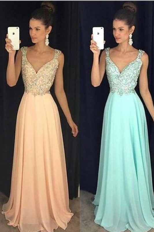 Prom Dresses Straps Beaded Bodice A Line Chiffon Zipper Up