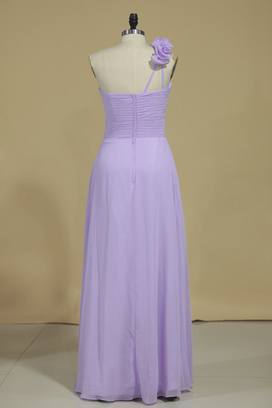 2024 Bridesmaid Dress A Line One Shoulder Chiffon With Handmade Flowers