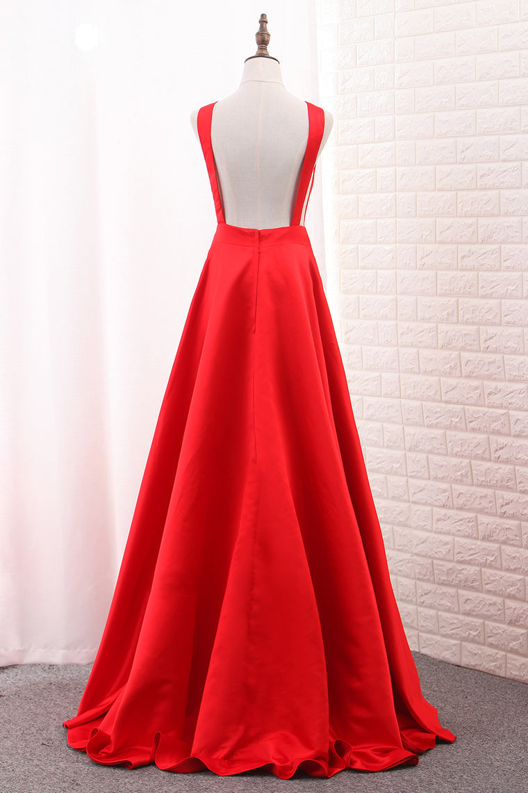 2024 Deep V Neck Satin Evening Dresses A Line Open Back