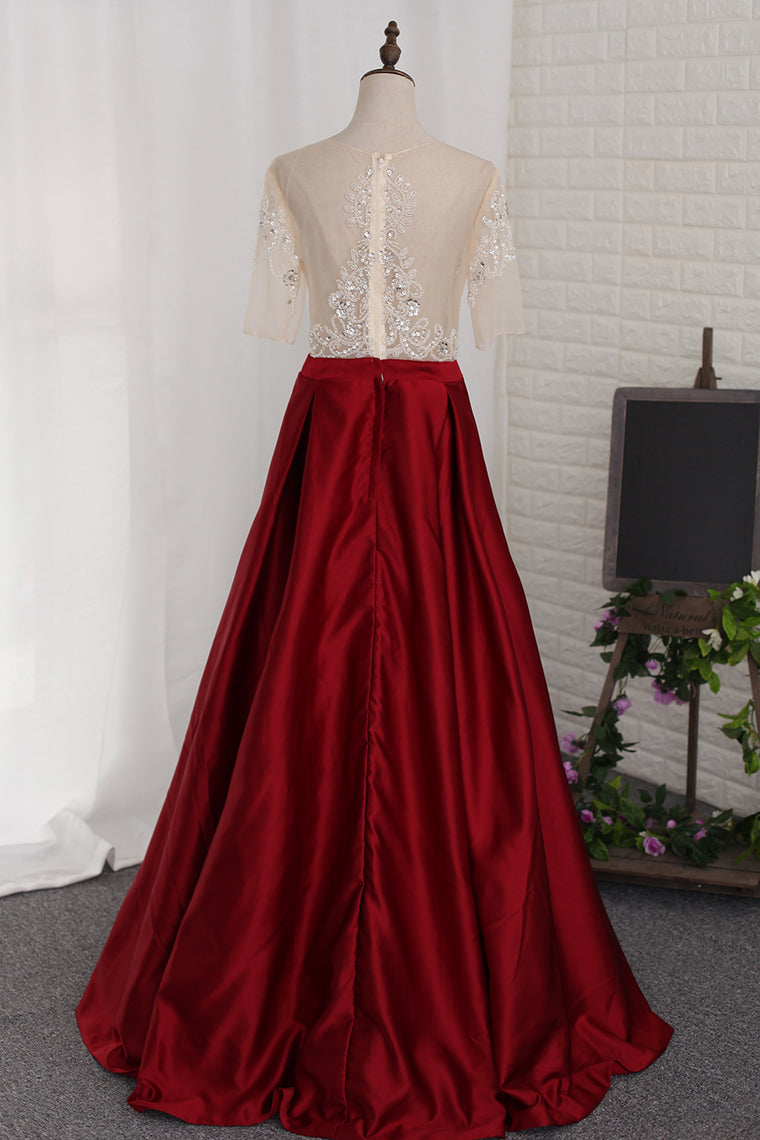 2024 A Line Prom Dresses Scoop Beaded Bodice Short Sleeves Satin