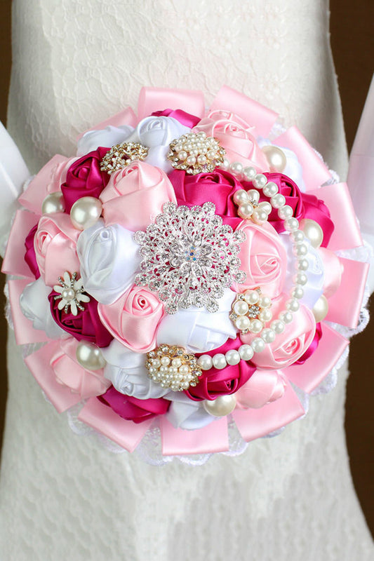 Elegant Ribbon Roses With Rhinestone Brooch Wedding Bouquet (27*18cm)