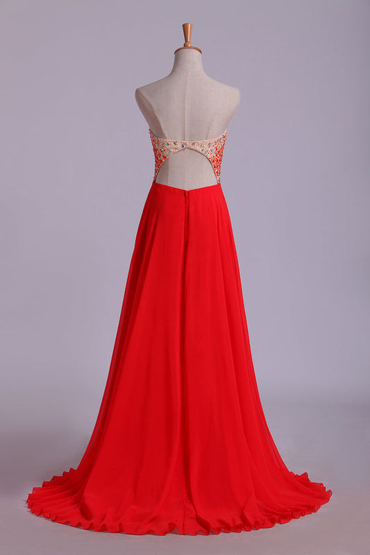 2024 Splendid Sweetheart Prom Dresses A Line Chiffon With Beads Open Back