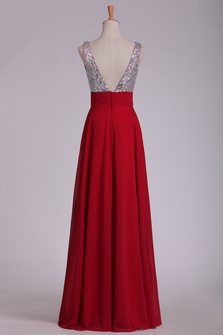 2024 Prom Dresses V Neck Chiffon With Beading A Line Sweep Train