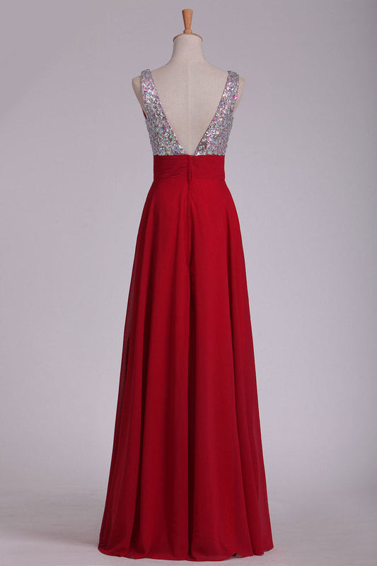 2024 Prom Dresses V Neck Chiffon With Beading A Line Sweep Train