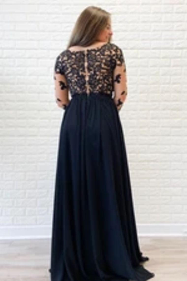 Long Sleeves Black Formal Dress High Slit Sexy Chiffon Long Prom Dress Appliques