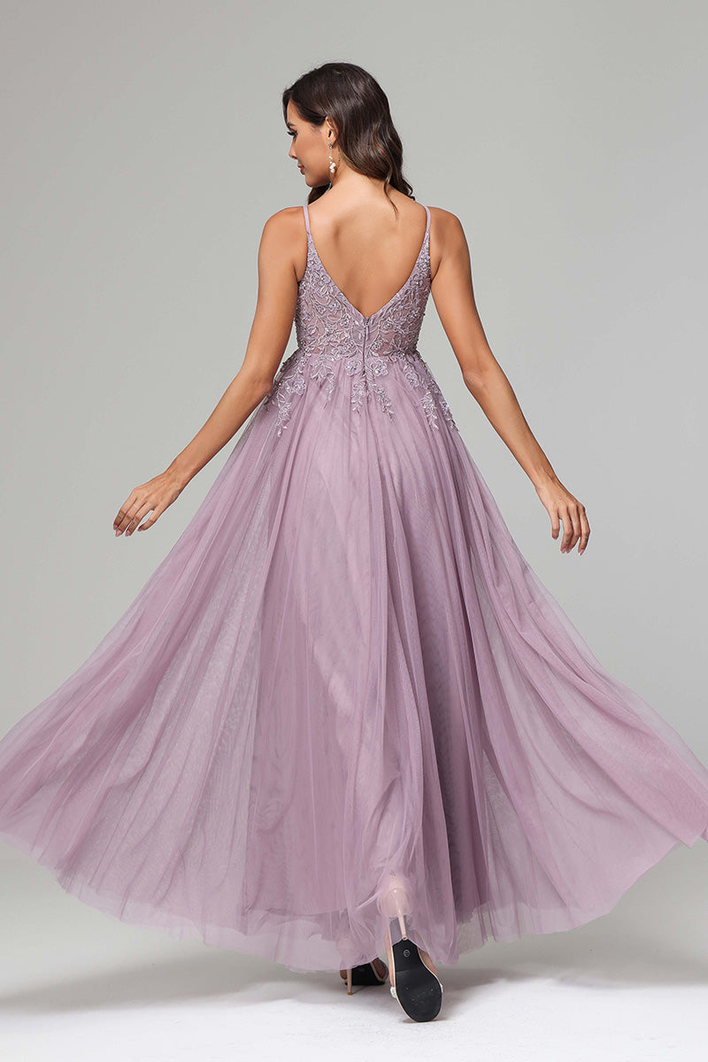 A-line Straps Lace Appliques V-back Tulle Prom Dress