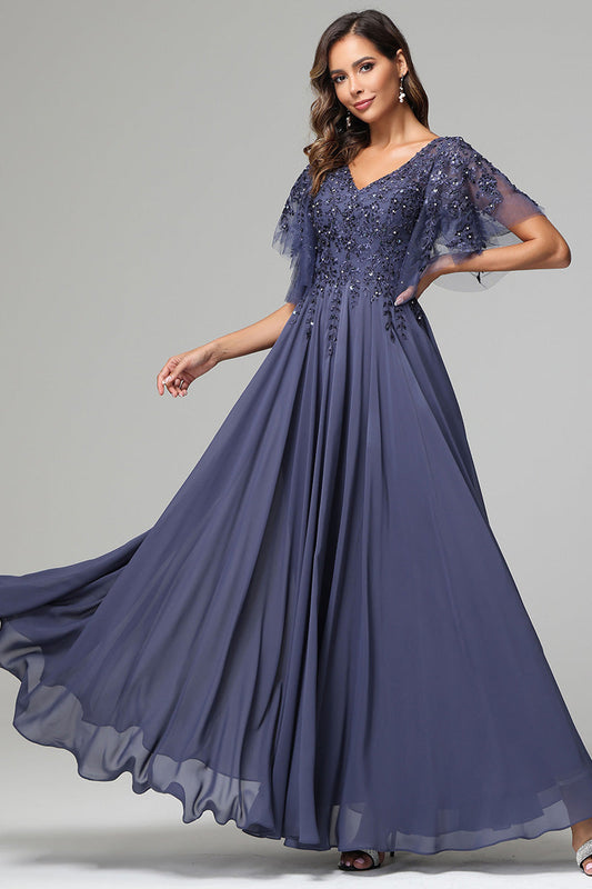 Elegant V-neck Short Sleeves Chiffon Appliqued Prom Dresses