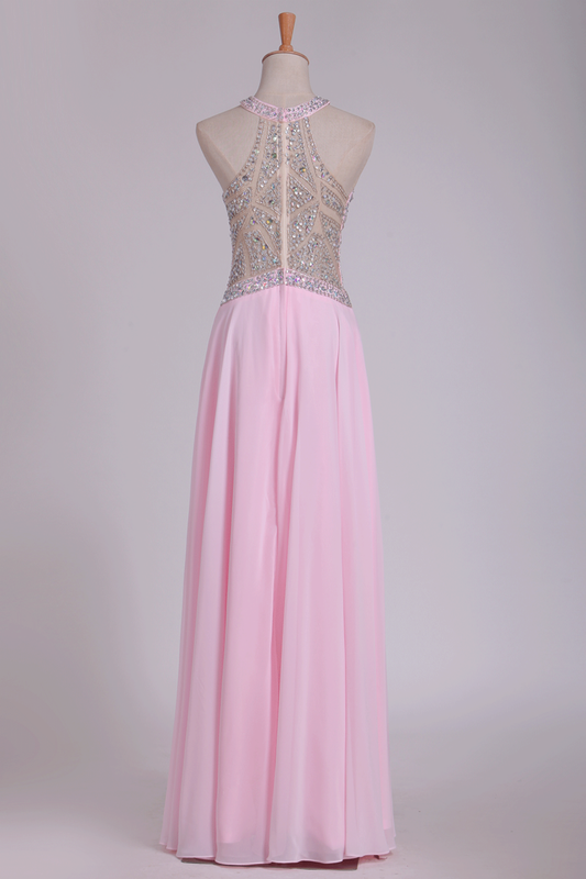 2024 Halter A Line Prom Dresses Beaded Bodice Chiffon Floor Length