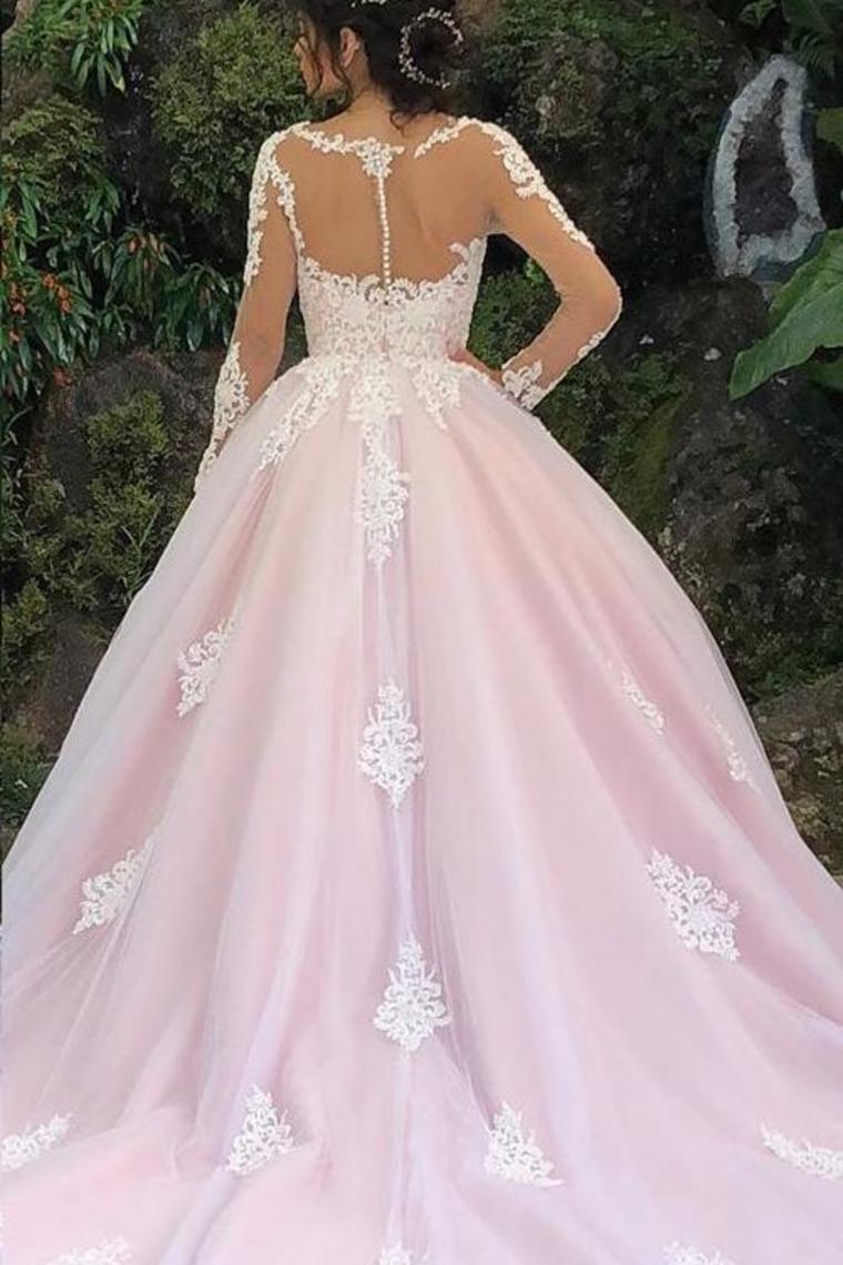 Princess Long Sleeves A-Line Pink Wedding Dress With Appliques