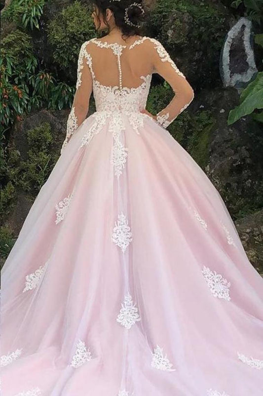 Princess Long Sleeves A-Line Pink Wedding Dress With Appliques