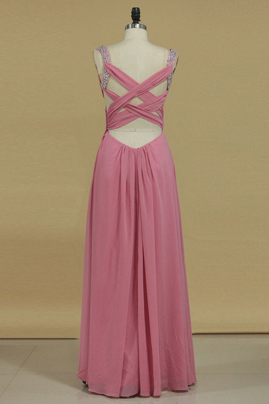 2024 Cross Back Straps A Line Prom Dresses With Beads Chiffon Floor Length