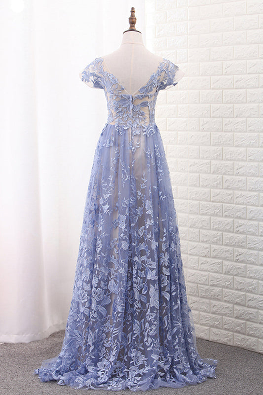 2024 Off The Shoulder Short Sleeves A Line Lace Prom Dresses Sweep Train