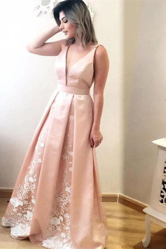 Beautiful V-Neck Pink Long A-Line Prom Dresses With Ivory Appliques