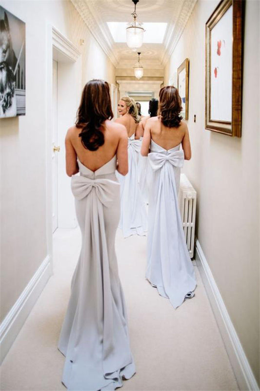 Charming Long Mermaid Light Sky Blue Strapless Elegant Bridesmaid Dresses With Bowknot