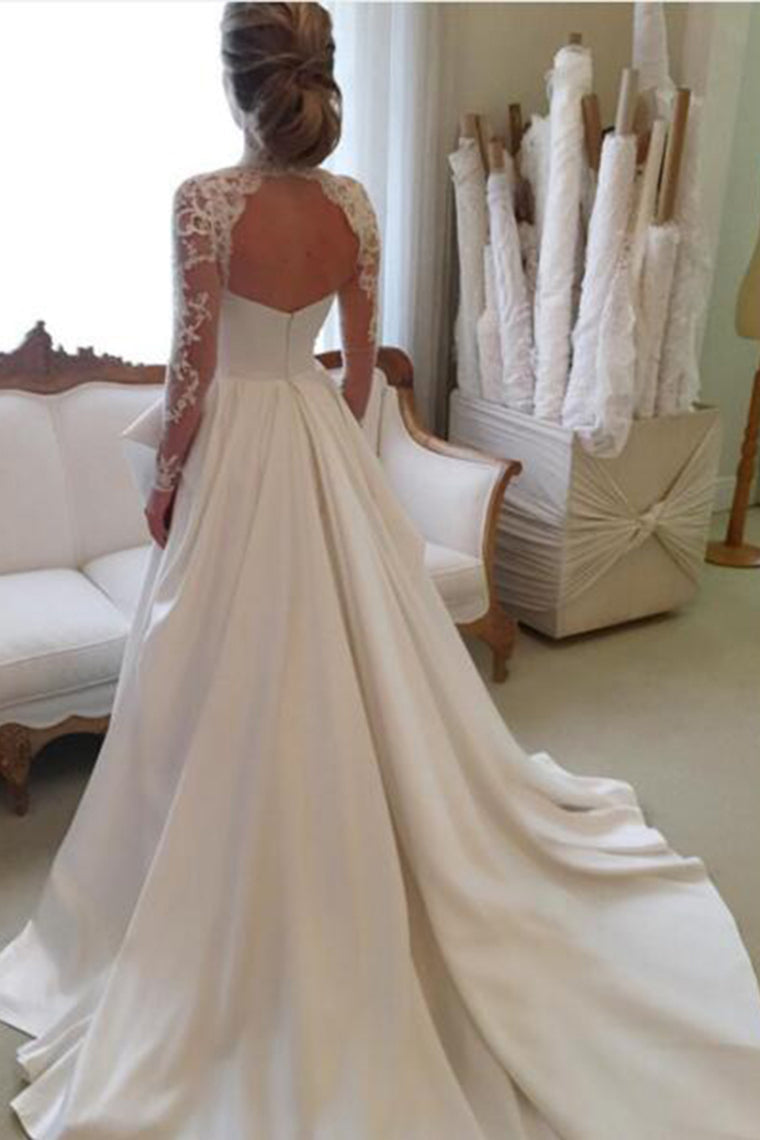 2024 High Neck Open Back Long Sleeves Wedding Dresses A Line Satin