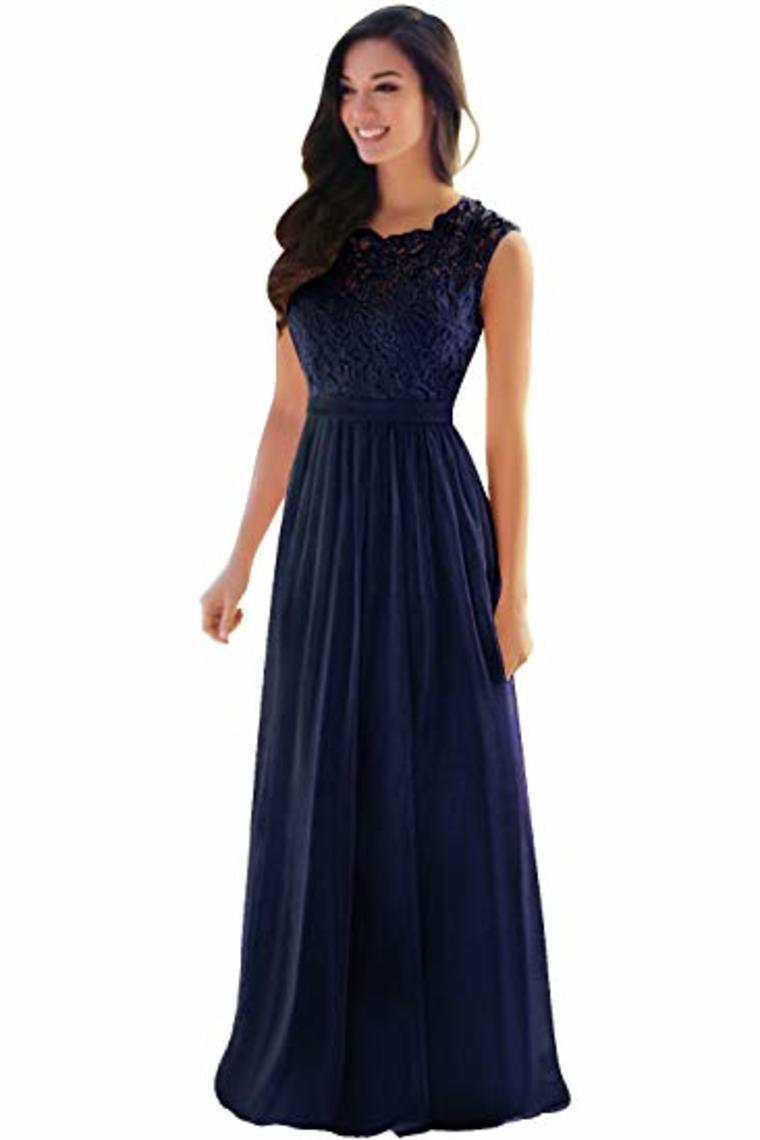 Lace Chiffon  Prom Dresses A Line Round Neck Long Evening Dresses