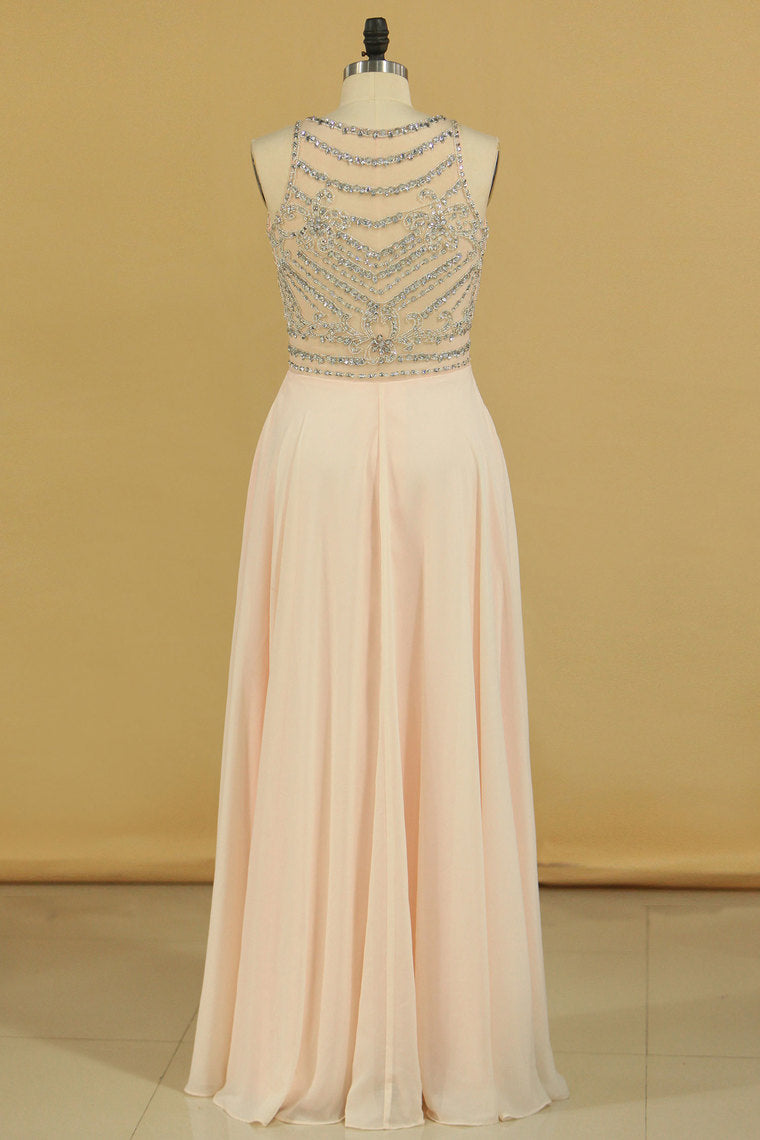 2024 Prom Dresses Scoop Beaded Bodice A Line Chiffon Floor Length