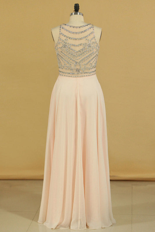 2024 Prom Dresses Scoop Beaded Bodice A Line Chiffon Floor Length