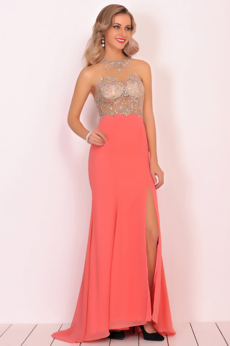 2024 Mermaid Scoop Chiffon Prom Dresses With Beads And Slit