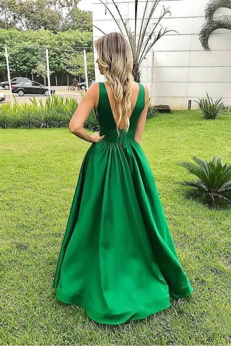 Elegant A Line Sexy V Neck Long Satin Backless Prom Dresses, Evening Dresses