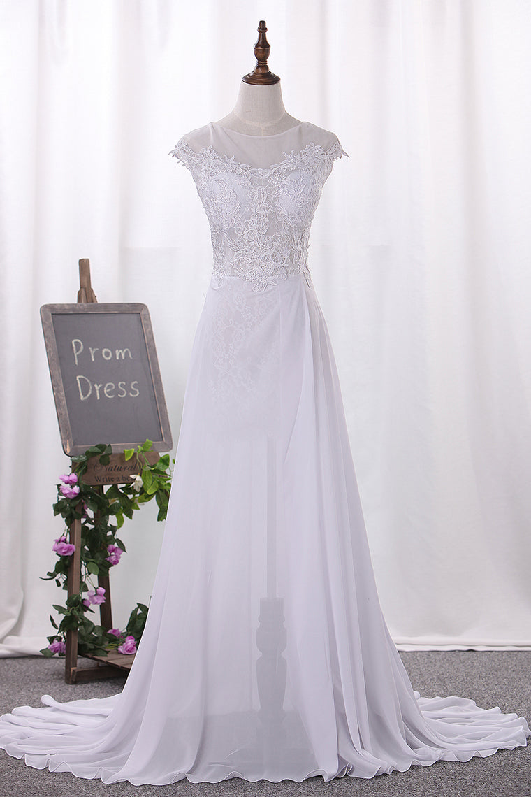 2024 Wedding Dresses Scoop Cap Sleeves Chiffon With Applique Slit