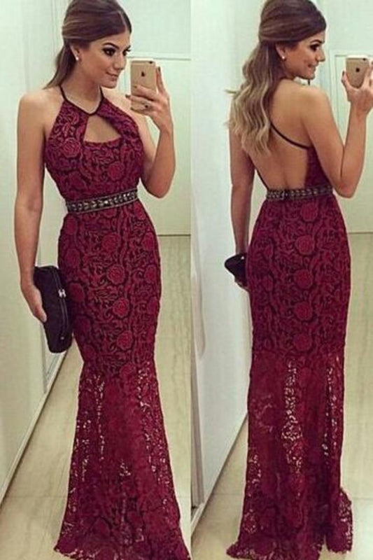 2024 Hot Sheath Halter Open Back Lace Prom Dresses Zipper Up