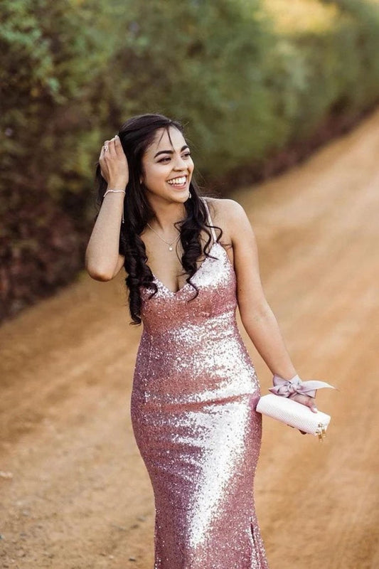 Sparkly Spaghetti Straps V Neck Prom Dresses With Sequins, Dance Dresses