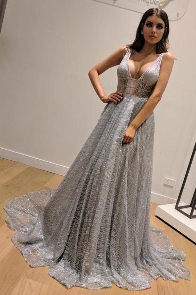 Dazzling Silver Sequins Prom Dresses Backless Formal Engagement Dress