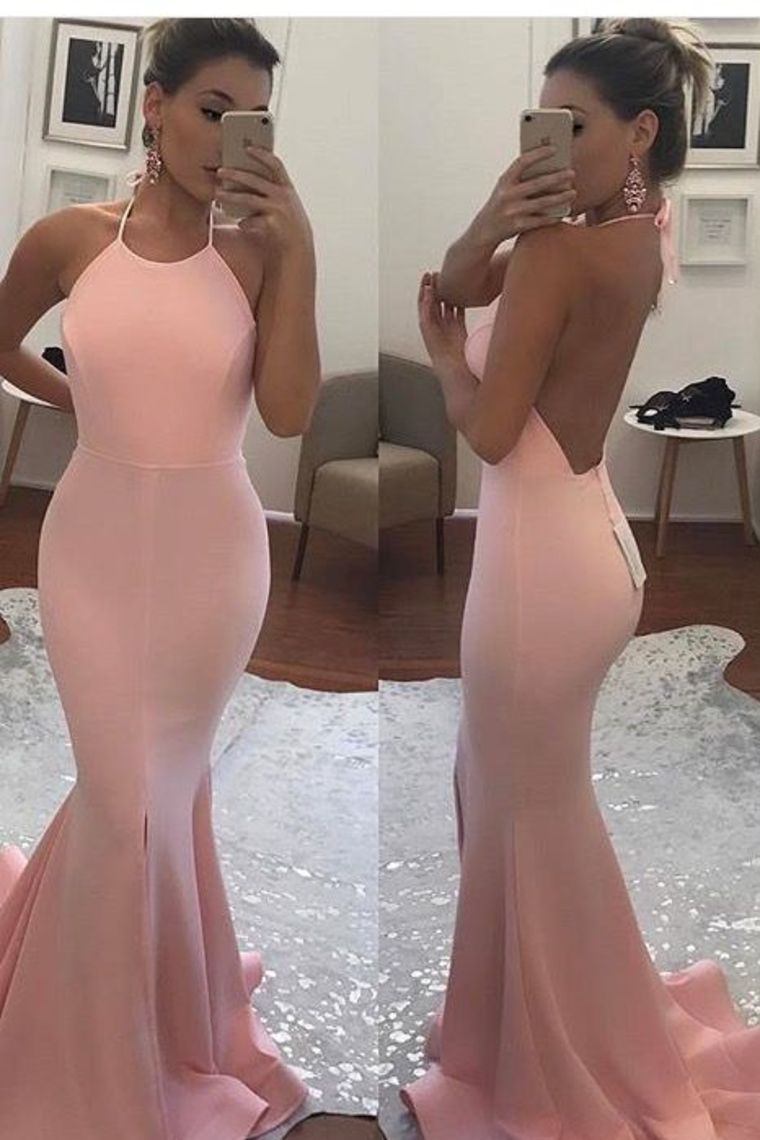 2024 New Arrival Sexy Open Back Halter Spandex Prom Dresses Mermaid Zipper Up