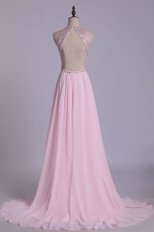 2024 Heavily Beaded Bodice Scoop A Line Prom Dresses Chiffon Open Back